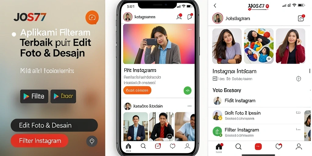 Antarmuka aplikasi JOS77 dengan beragam filter Instagram.